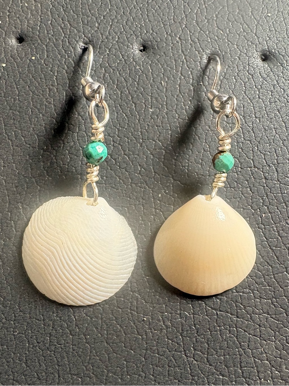 Handmade Shell Drop Earrings with Turquoise Bead - Cream